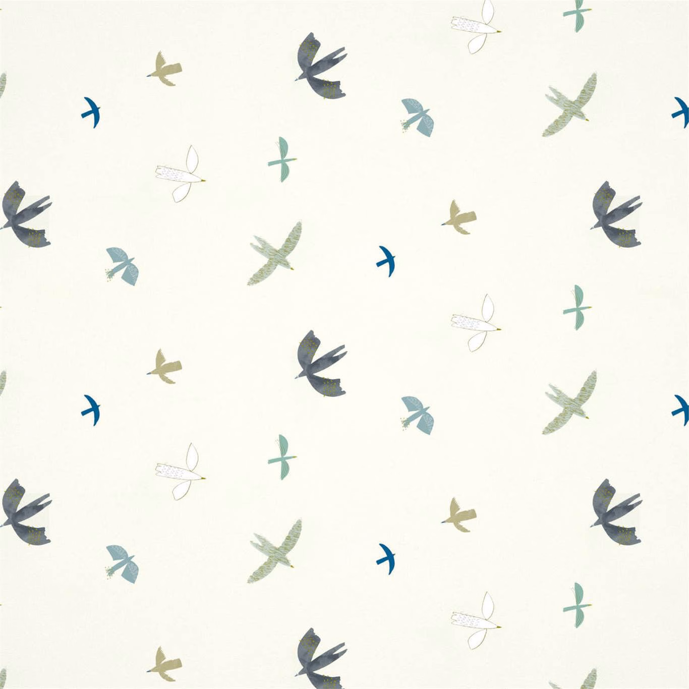 Pale linen wallpaper with scattered duck-egg birds and slate-blue winged motifs