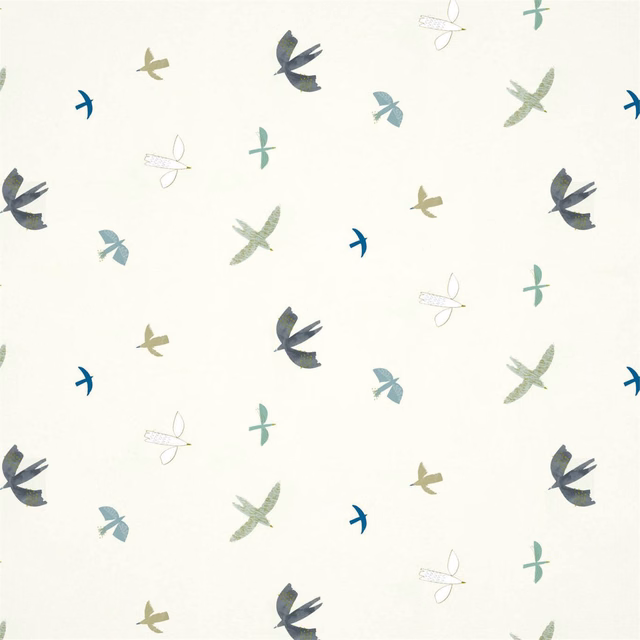Pale linen wallpaper with scattered duck-egg birds and slate-blue winged motifs