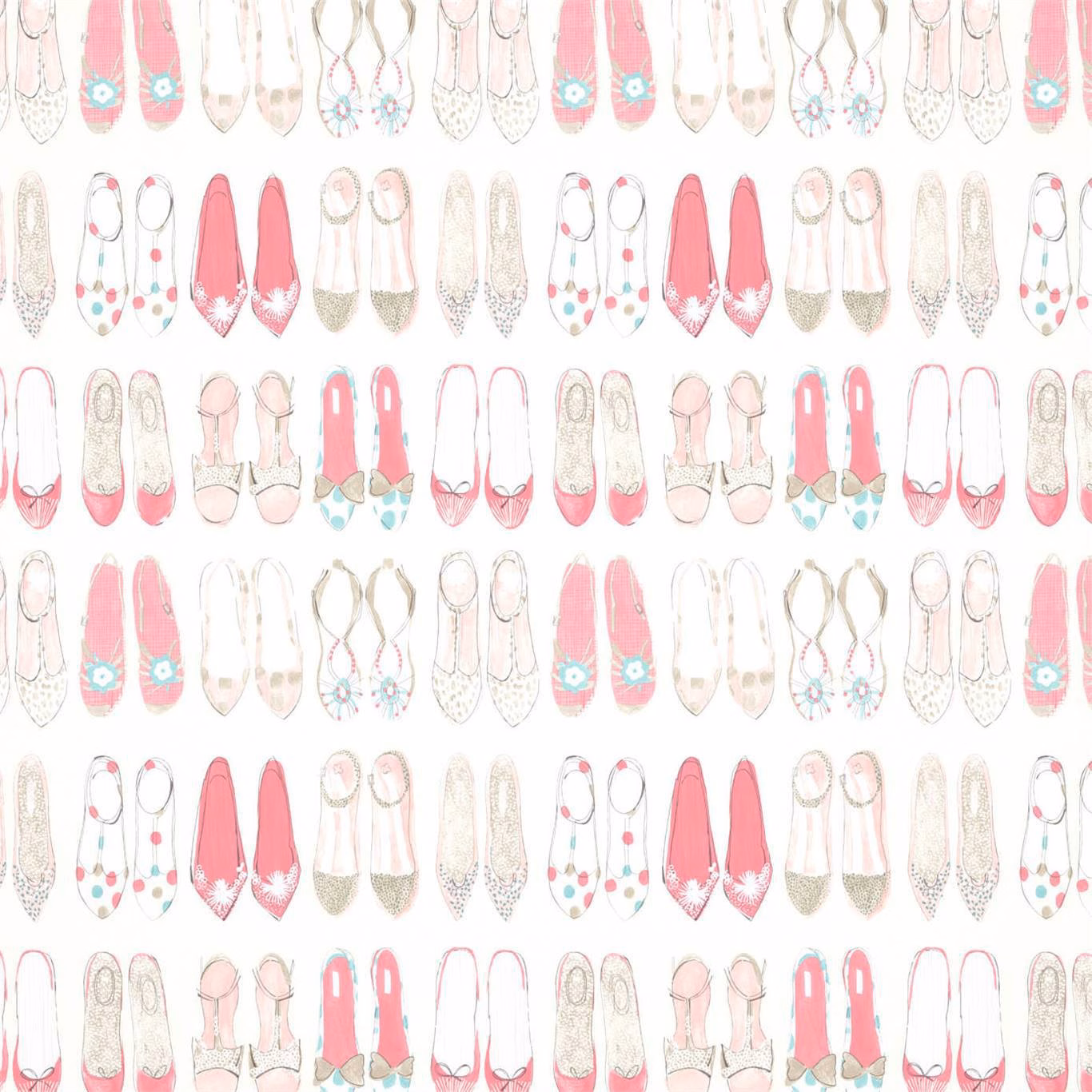 Repeated illustrated shoes in blossom pink, pebble grey and sky blue on a white ground