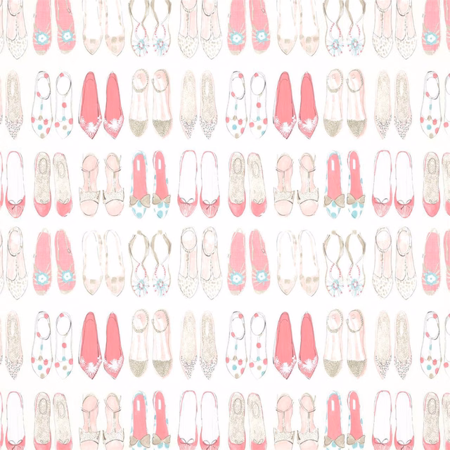 Repeated illustrated shoes in blossom pink, pebble grey and sky blue on a white ground