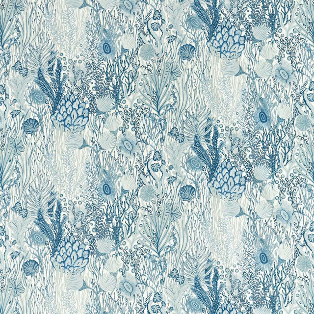 Pale blue and cream botanical fabric with intricate coral-like trailing motifs