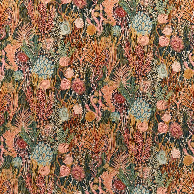 Dense coral-like botanicals in rosewood velvet with nectar shells and sage-blue sprigs