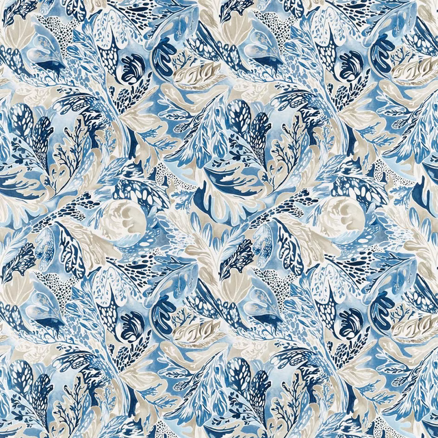 Pale blue, cream and ink botanical fabric with layered leaves and floral forms