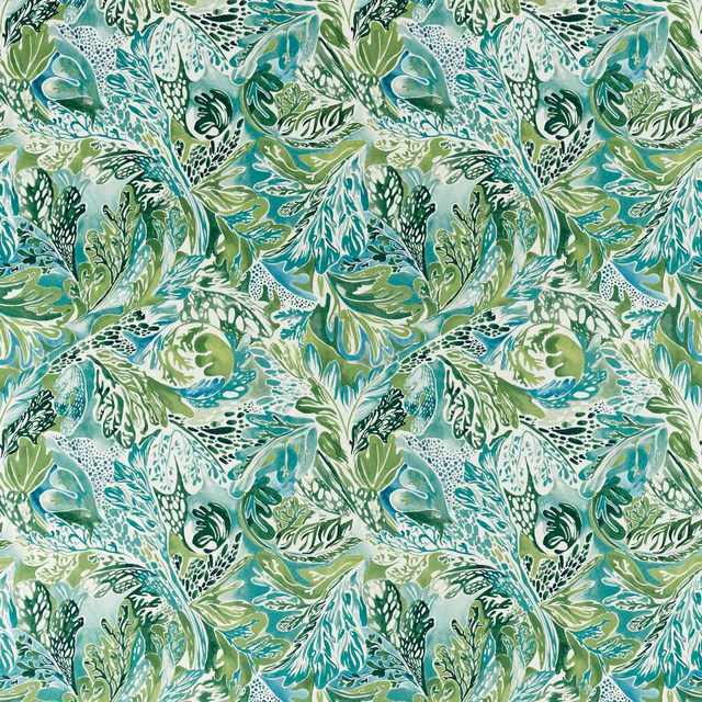 Sage, mint and teal leafy botanical pattern on a pale aqua fabric ground