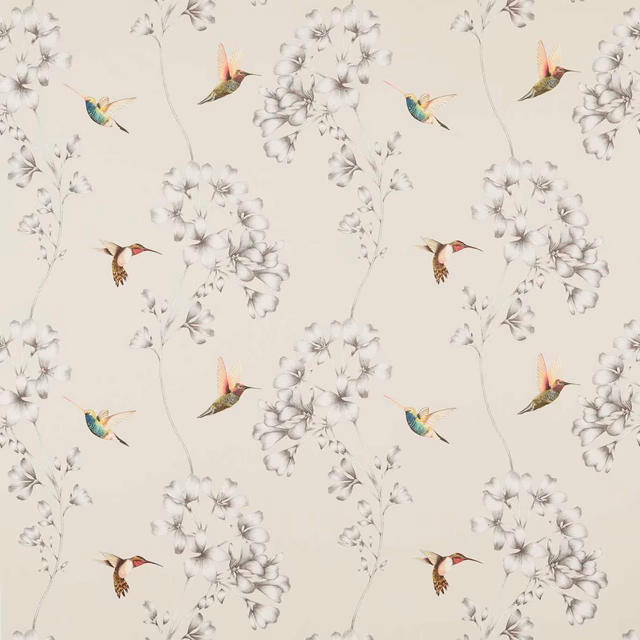 Warm ecru fabric with grey blossoms and muted colourful hummingbirds