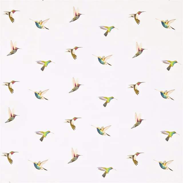 Ivory fabric with scattered hummingbirds in flamingo pink, papaya, apple green and teal