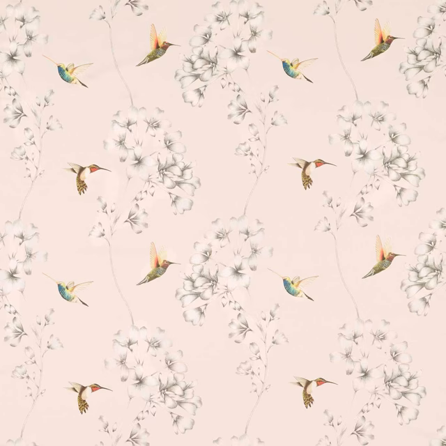 Powder cream fabric with grey flowering branches and muted teal, coral hummingbirds