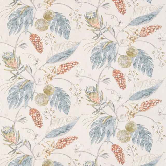 Cream botanical fabric with seaglass leaves, olive pods and russet seed heads