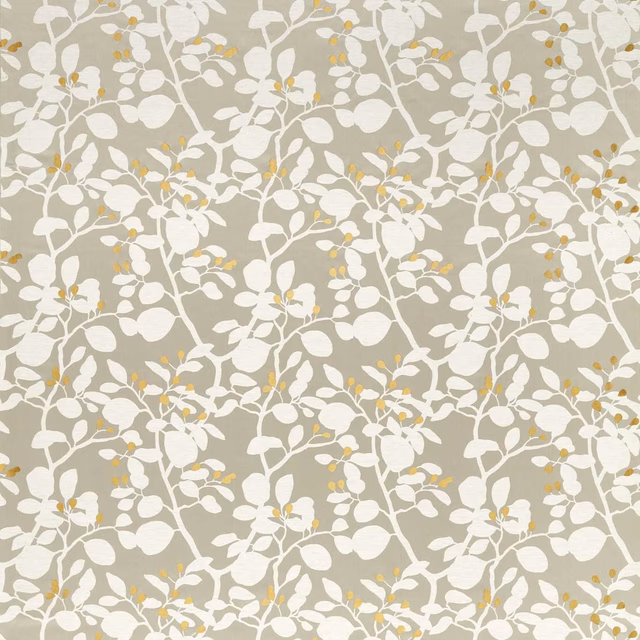 Taupe botanical ground with ivory leafy branches and tiny ochre accents
