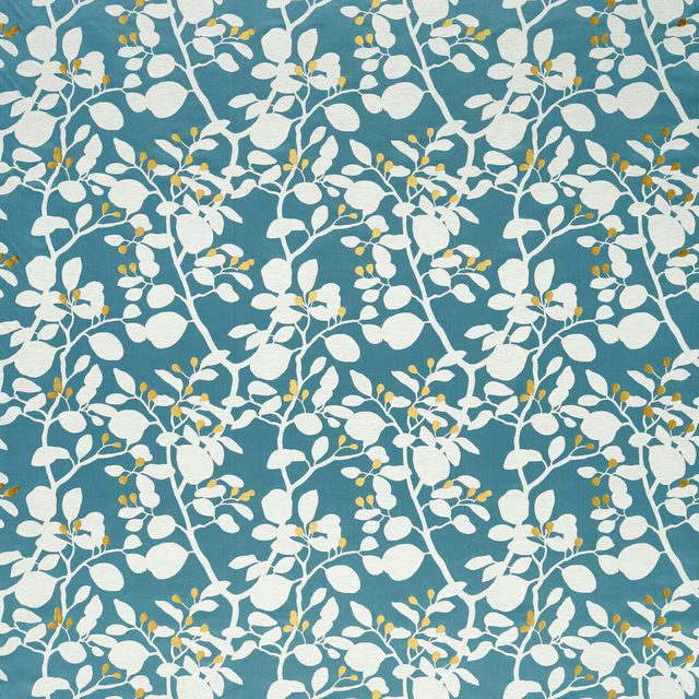 Muted blue-teal fabric with cream leafy branches and mustard berry accents