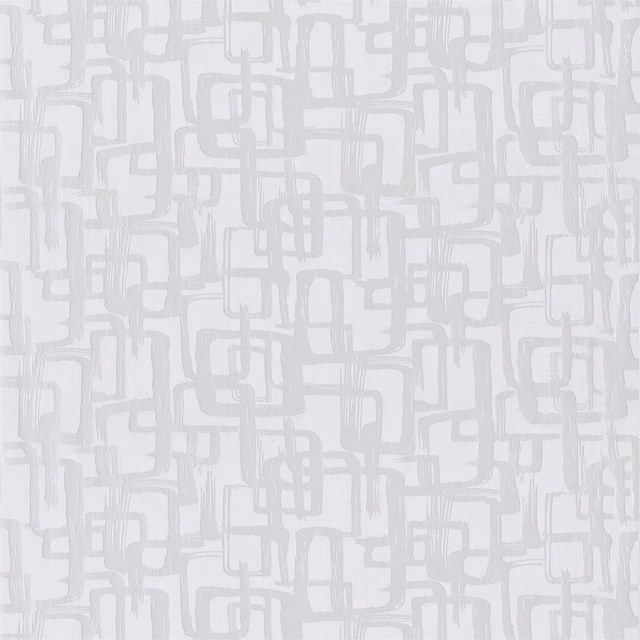 Pale cool-grey textile with white interlocking geometric lines and a softly textured surface