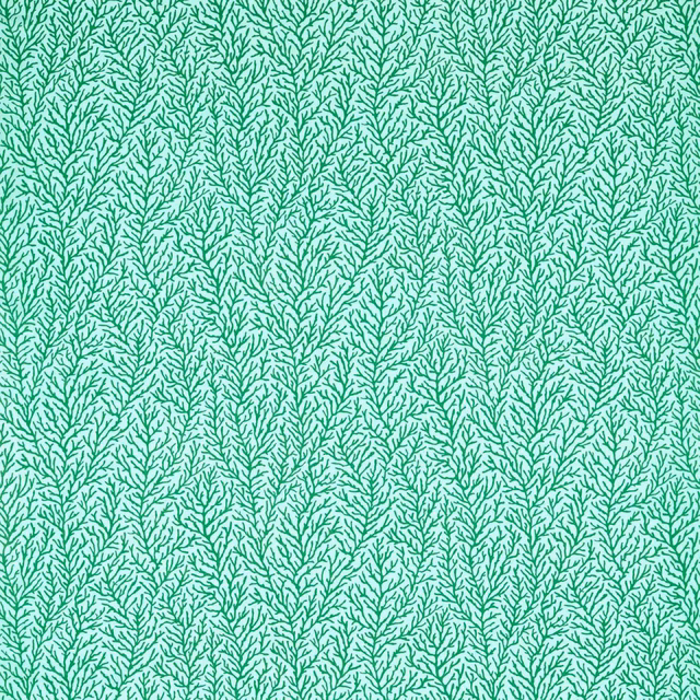 Pale seaglass fabric with dense emerald branching sprigs in a fine all-over pattern