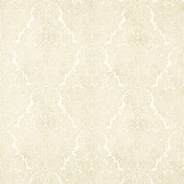 Pale sandstone and chalk damask fabric with softly textured ornamental motifs