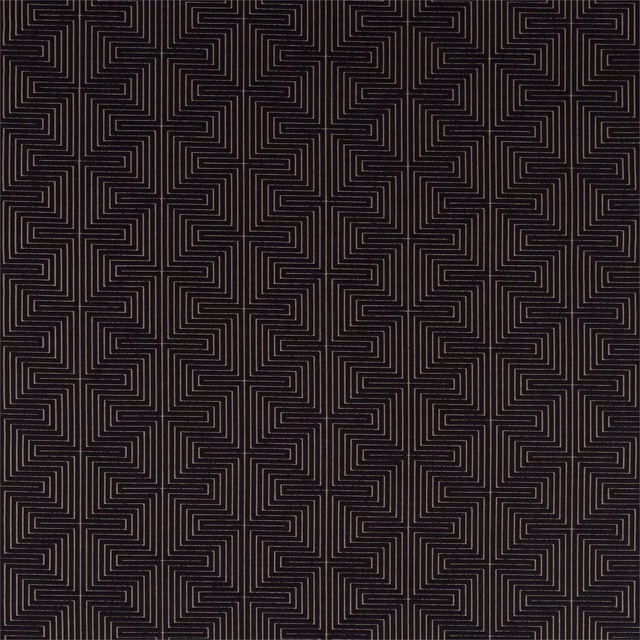 Charcoal-black woven fabric with fine maze-like geometric lines and subtle texture