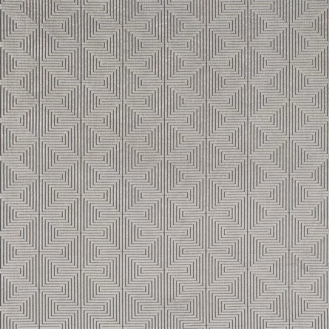 Slate steel grey woven fabric with repeating stepped geometric maze lines