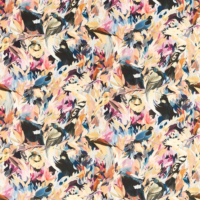 Pomegranate, cream and blue floral fabric with birds on an incense ground