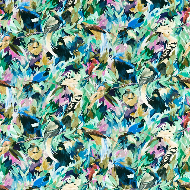Dense mint botanical fabric with blue birds, cream leaves and lilac brushstrokes