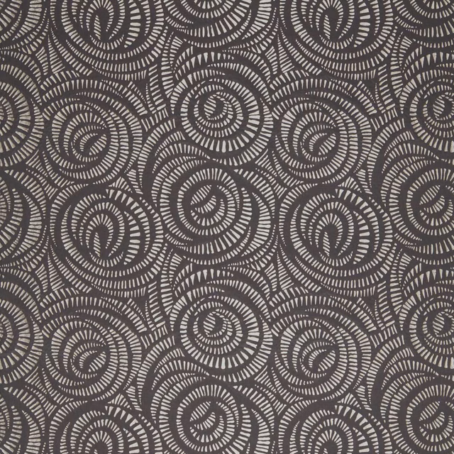 Charcoal fabric with pale grey concentric spiral motifs in a dense repeating pattern