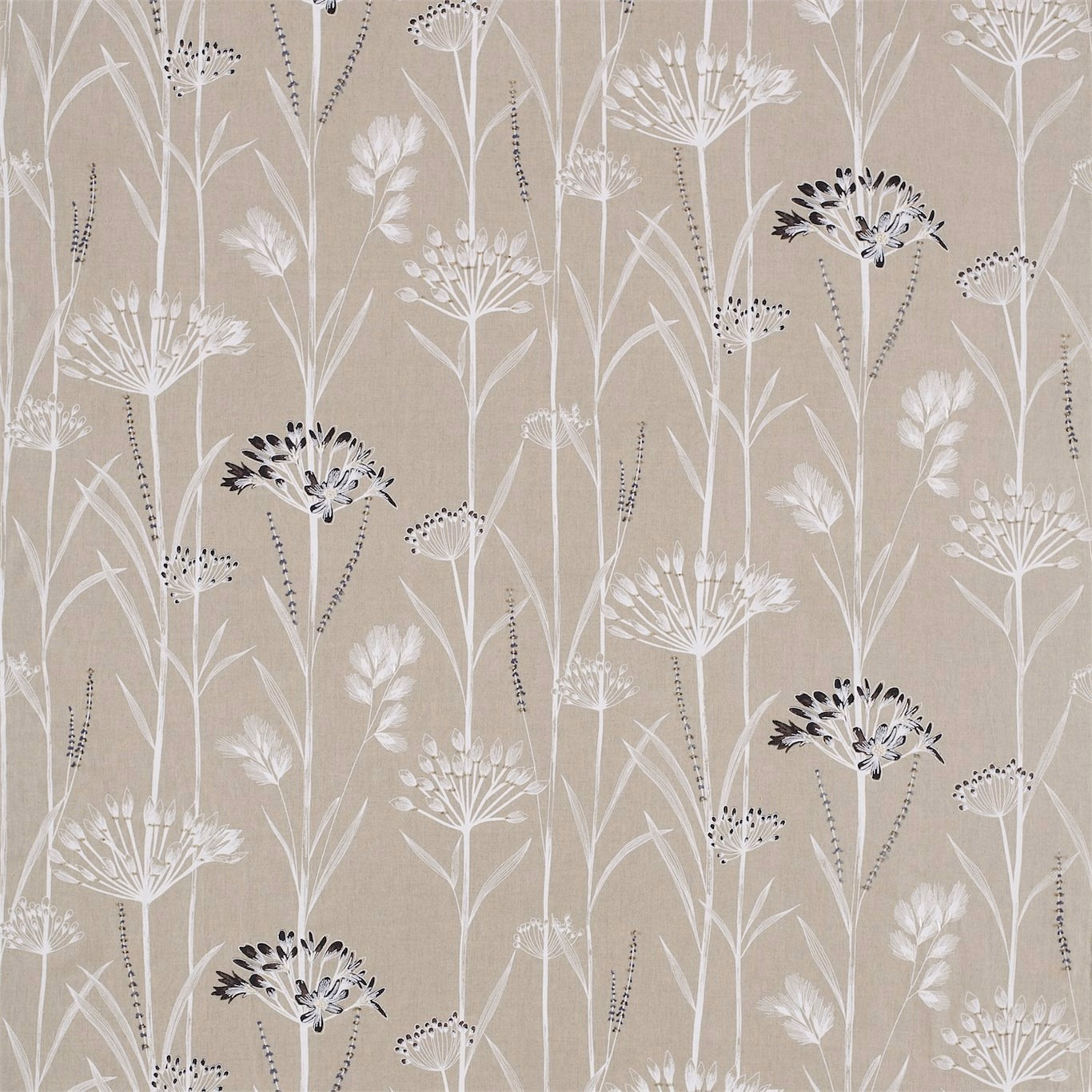 Taupe botanical fabric with chalk stems and ebony seedhead accents