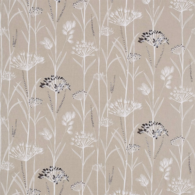 Taupe botanical fabric with chalk stems and ebony seedhead accents