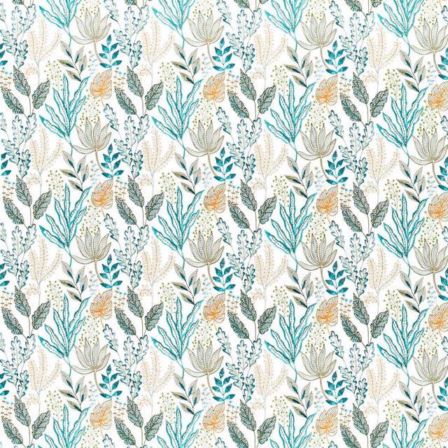 Ivory fabric with teal, sage and ochre illustrated botanical sprigs