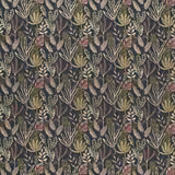 Espresso botanical fabric with ivory branches, olive leaves and muted rose flowers