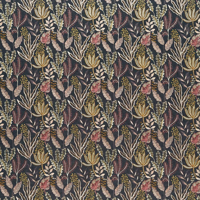 Espresso botanical fabric with ivory branches, olive leaves and muted rose flowers