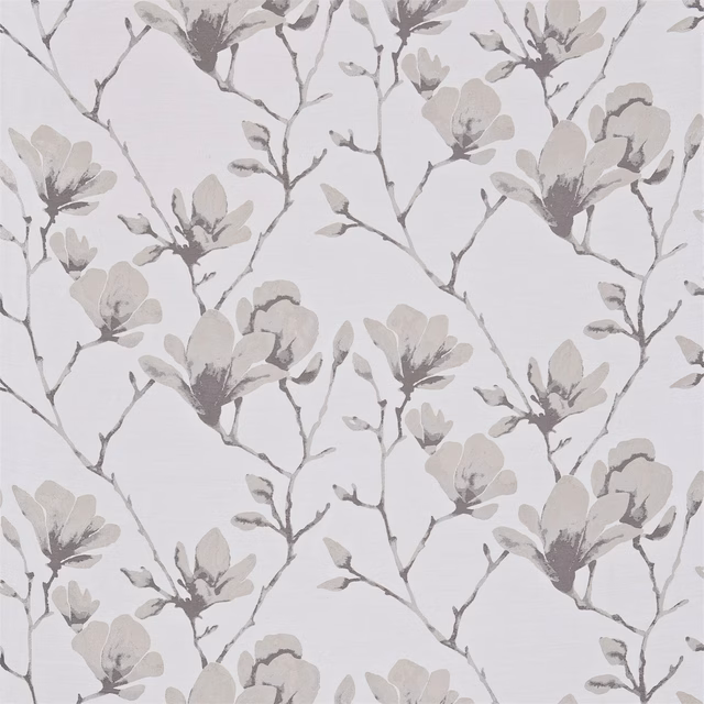 Pale dove-grey floral branches with moonstone petals on a softly textured ground