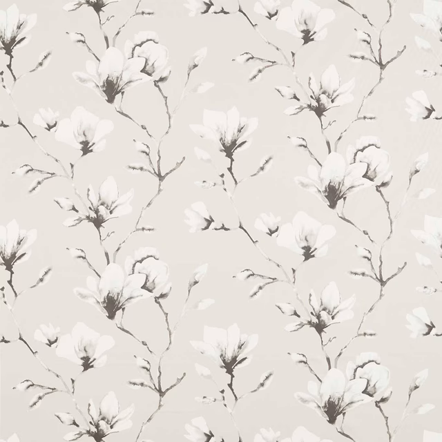 Ivory floral branches with charcoal stems on a pale French grey fabric ground