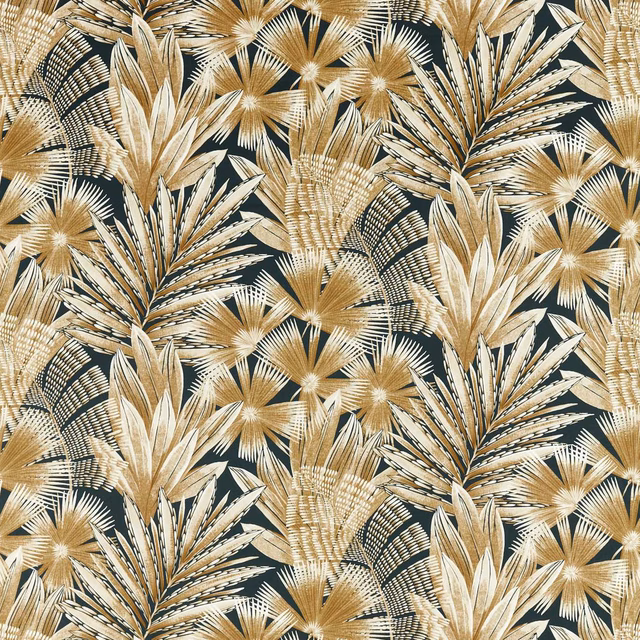 Amber fan palms and pale fronds layered over a charcoal-black ground