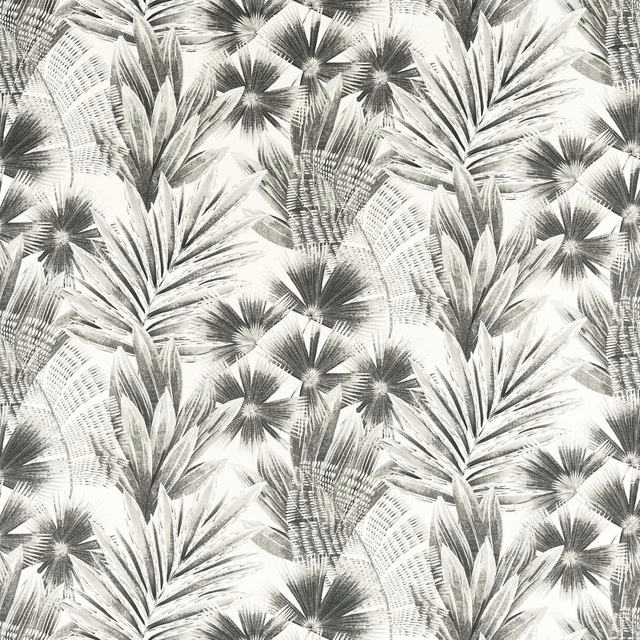 Charcoal palm and fan-botanical motifs across an ivory Black Earth/Awakening fabric swatch