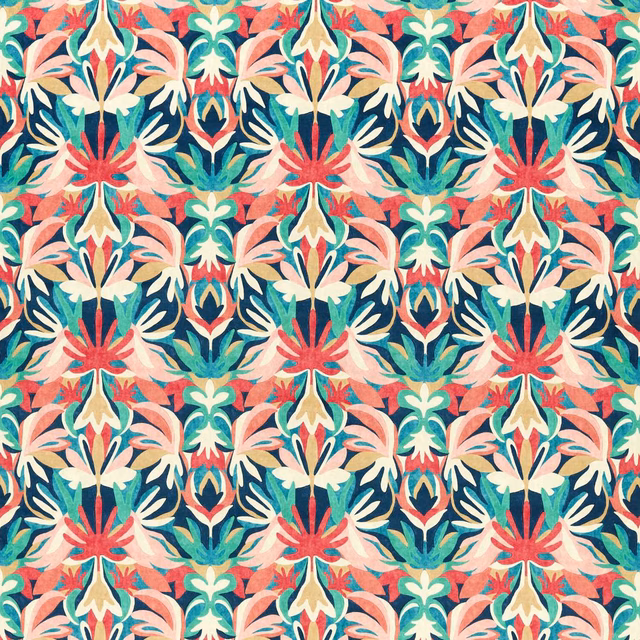 Ink-blue velvet with coral, cream, teal and green symmetrical floral motifs
