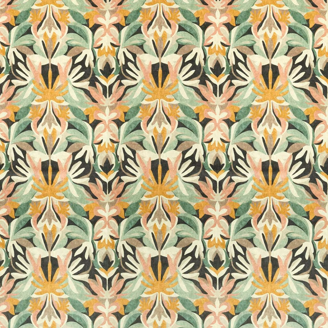 Sage, cream and amber symmetrical botanical velvet with dark green accents