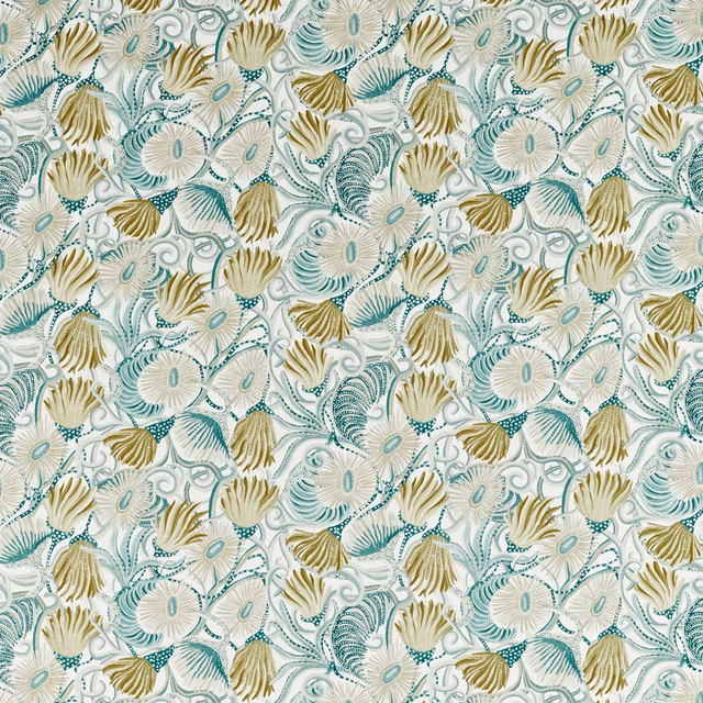 Cream botanical fabric with pale aqua flowers and olive shell-like leaves