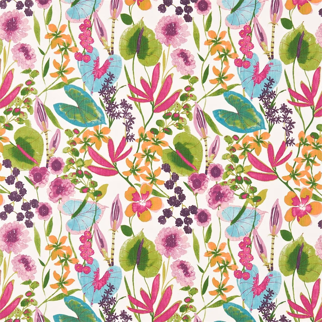 Ivory botanical textile with pink, papaya and loganberry blooms