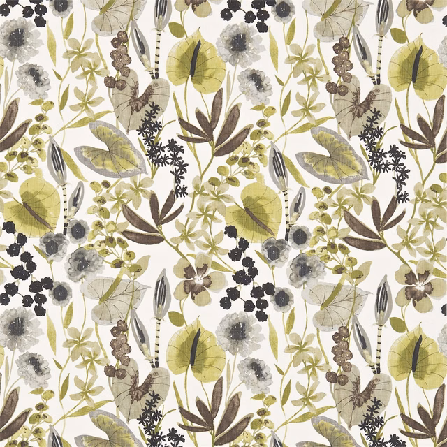 Cream botanical fabric with olive leaves, cocoa stems and charcoal flower heads