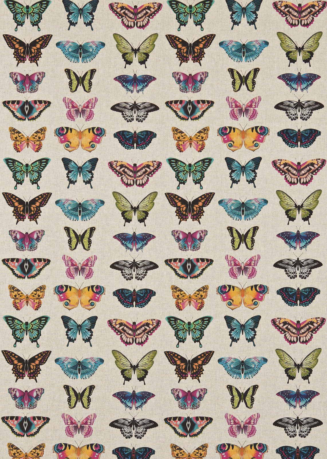 Flamingo, papaya and loganberry butterfly rows on a warm ivory textile ground