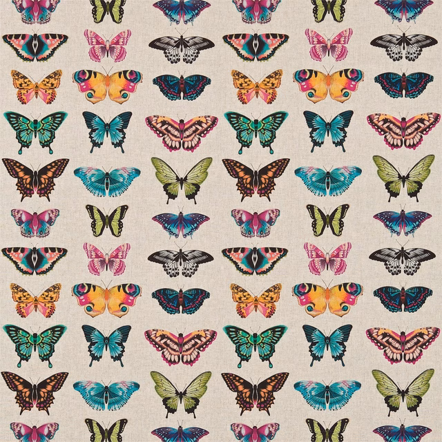 Flamingo, papaya and loganberry butterfly rows on a warm ivory textile ground