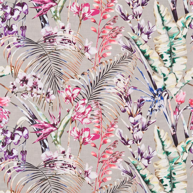 Taupe botanical fabric with raspberry flowers, plum leaves and fine dark fronds
