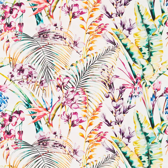 Ivory tropical botanical with papaya blooms, flamingo accents and apple-green leaves
