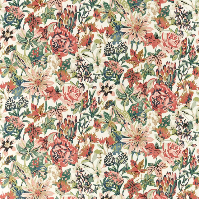Cream botanical fabric with coral roses, sage leaves and olive floral detail