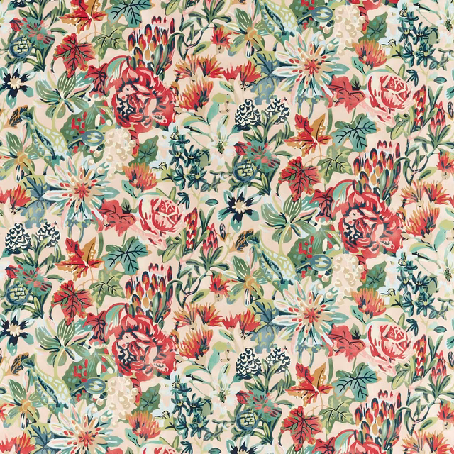 Ivory floral fabric with burgundy, coral, sage and teal botanical motifs