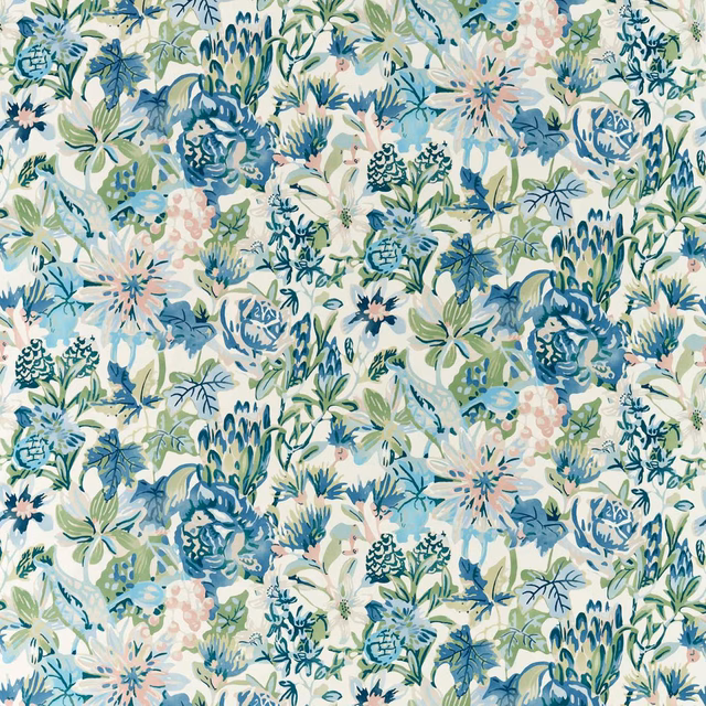 Pale seaglass floral fabric with blue, sage and blush botanical clusters