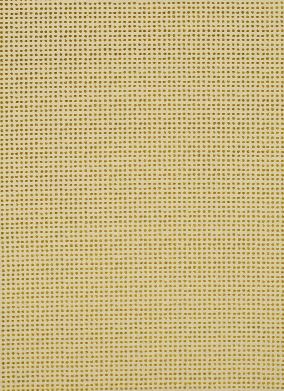 Close-up of tiny olive-mustard dots on an ivory textured fabric ground