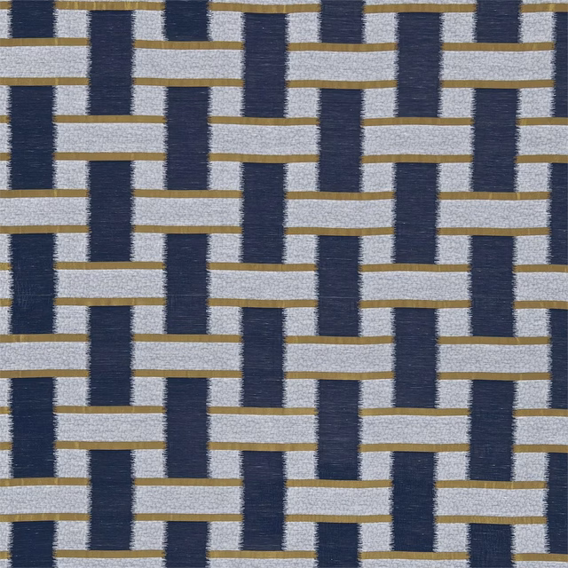 Woven indigo and ochre geometric grid on a pale grey textile ground