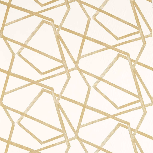 Oyster textile with overlapping angular outlines in muted gold and a softly textured weave