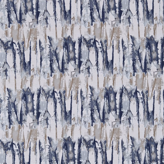 Indigo and denim painterly vertical strokes over a pale cream and taupe ground