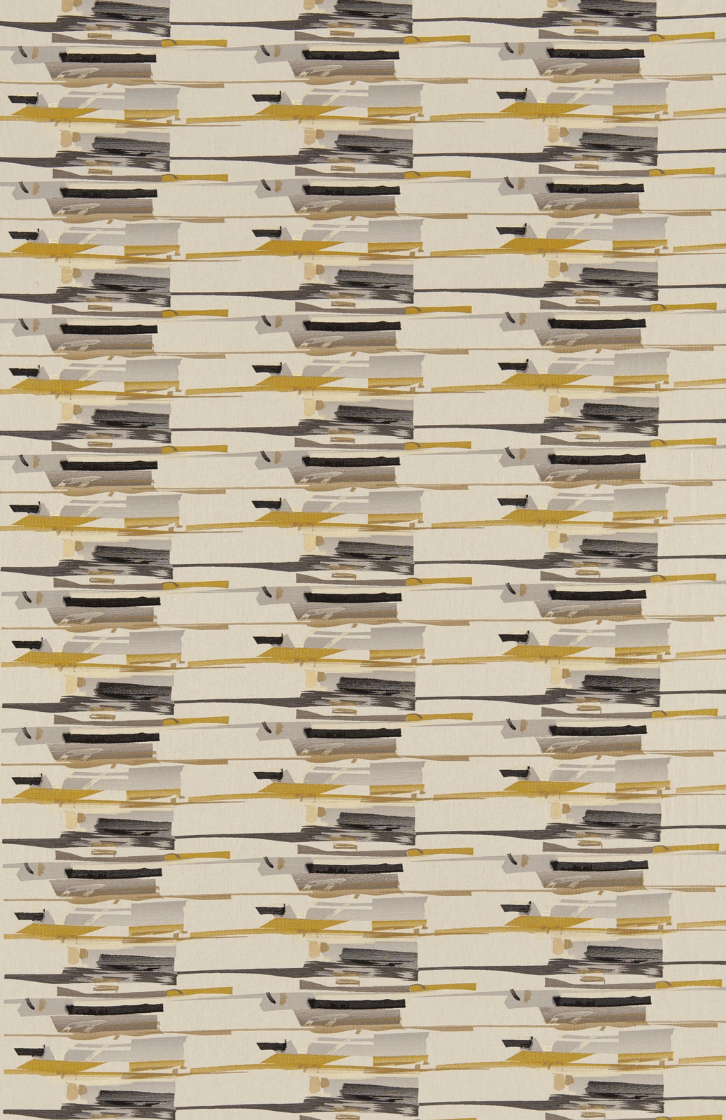 Cream fabric with charcoal, grey and mustard abstract horizontal brushstroke bands
