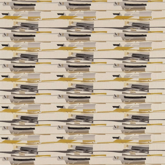 Cream fabric with charcoal, grey and mustard abstract horizontal brushstroke bands