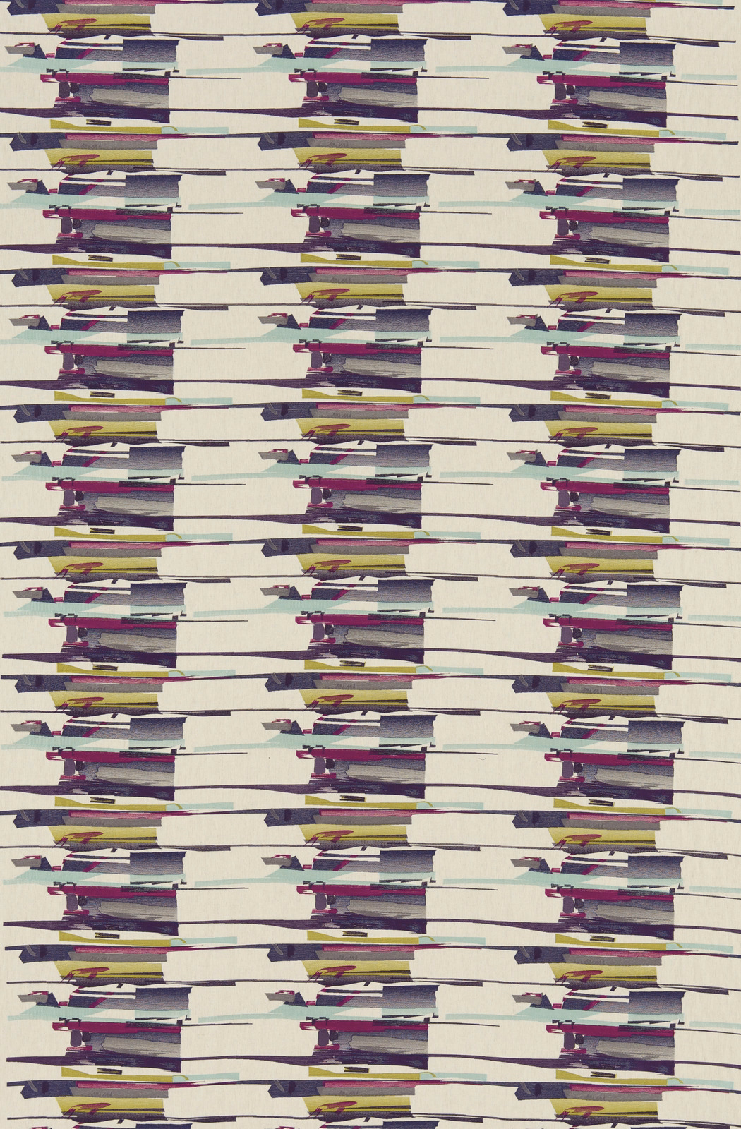Cream woven ground with navy, aqua, lime and magenta horizontal painterly bands